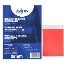 Braccialetti identificativi - in Tyvek - rosso fluo - 265 x 19 mm - 50 fogli - 10 et/fg - Avery - Conf. 500 pezzi