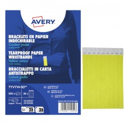 Braccialetti identificativi - in Tyvek - giallo fluo - 265 x 19 mm - 50 fogli - 10 et/fg - Avery - Conf. 500 pezzi