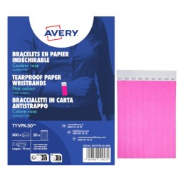 Braccialetti identificativi - in Tyvek - rosa fluo - 265 x 19 mm - 50 fogli - 10 et/fg - Avery - Conf. 500 pezzi