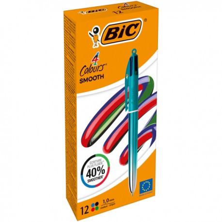 Penna sfera a scatto 4 Colori Smooth - 1.0 mm - fusto verde acqua - Bic - conf. 12 pezzi
