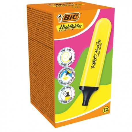 Evidenziatore Flat - punta a scalpello - tratto da 1,2mm-4,6mm - giallo - Bic - conf. 12 pezzi