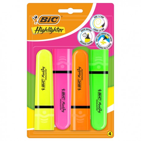 Evidenziatore Flat - punta a scalpello - tratto da 1,2mm-4,6mm - colori assortiti fluo - Bic - astuccio 4 pezzi
