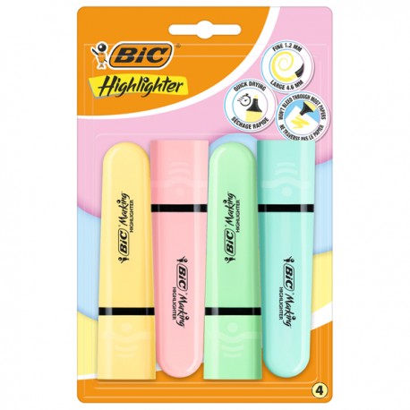 Evidenziatore Flat - punta a scalpello - tratto da 1,2mm-4,6mm - colori assortiti pastel - Bic - astuccio 4 pezzi