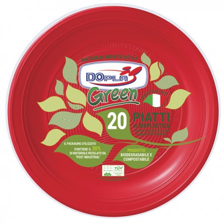 Piatto piano - compostabile - diametro 22 cm - rosso - Dopla - conf. 20 pezzi