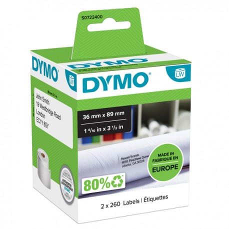 Rotolo 260 etichette LW 990120 - 36 x 89 mm - carta - indirizzi estesi - bianco - Dymo - conf. 2 rotoli