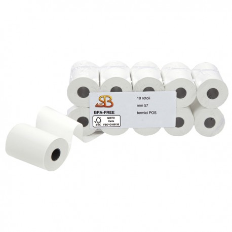 Rotolo per POS e carte di credito - 57 mm x 18 m - diametro esterno 38 mm - anima 12 mm - 55 gr - carta termica BPA free - Sabac