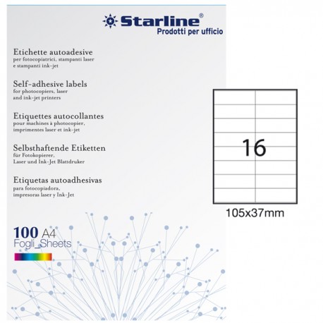 Etichette adesive - in carta - permanenti - 105 x 37 mm - 16 et/fg - 100 fogli - bianco - Starline