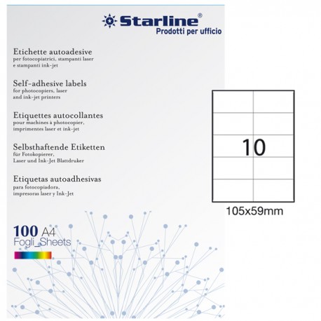 Etichette adesive - in carta - permanenti - 105 x 59 mm - 10 et/fg - 100 fogli - bianco - Starline