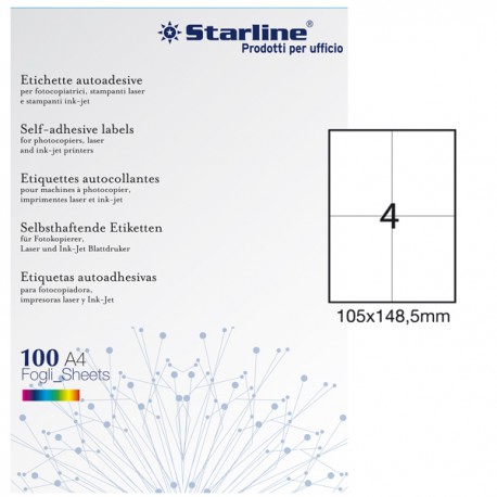 Etichette adesive - in carta - permanenti - 105 x 148,5 mm - 4 et/fg - 100 fogli - bianco - Starline