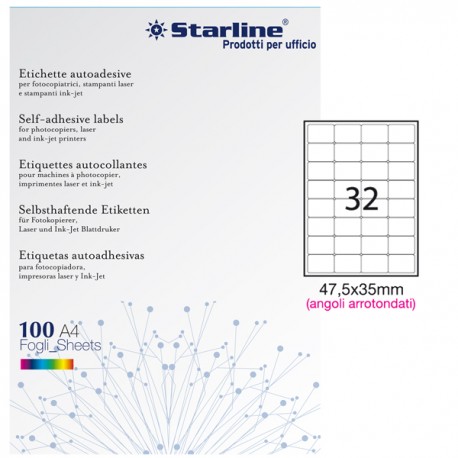 Etichette adesive - in carta - angoli arrotondati - permanenti - 47,5 x 35 mm - 32 et/fg - 100 fogli - bianco - Starline