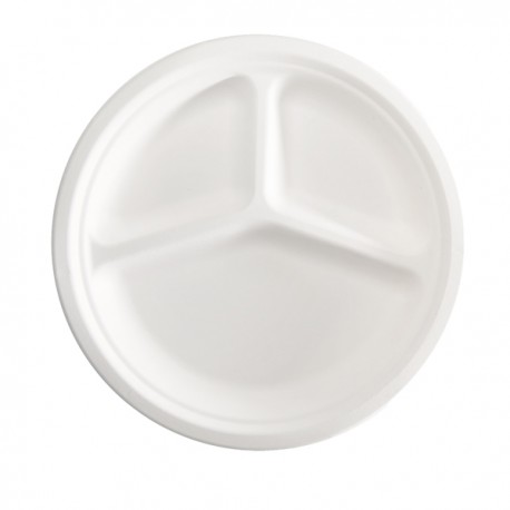 Piatto piano a 3 scomparti monouso - rotondo - diametro 26 cm - canna da zucchero - bianco - Signor Bio - conf. 50 pezzi