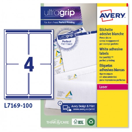 Etichette adesive L7169 - in carta - angoli arrotondati - laser - permanenti - 99,1 x 139 mm - 4 et/fg - 100 fogli - bianco - Av