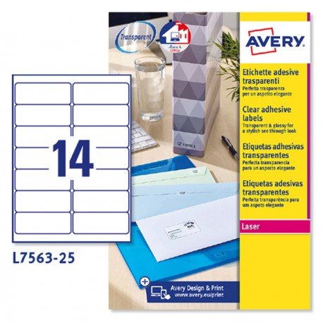 Etichette adesive L7563 - in poliestere - laser - permanenti - 99,1 x 38,1 mm - 14 et/fg - 25 fogli - trasparente - Avery