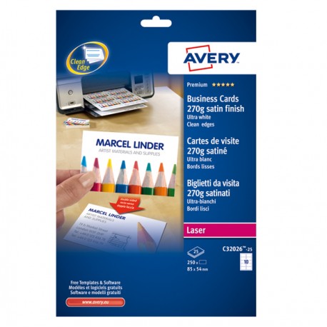 Biglietti da visita - 85 x 54 mm - 270 gr - effetto satinato - bianco - Avery - conf. 25 fogli da 10 biglietti