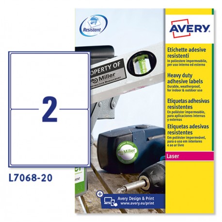 Etichette adesive extra strong L7068 - in poliestere - laser - permanenti - 199,6 x 143,5 mm - 2 et/fg - 20 fogli - bianco - Ave