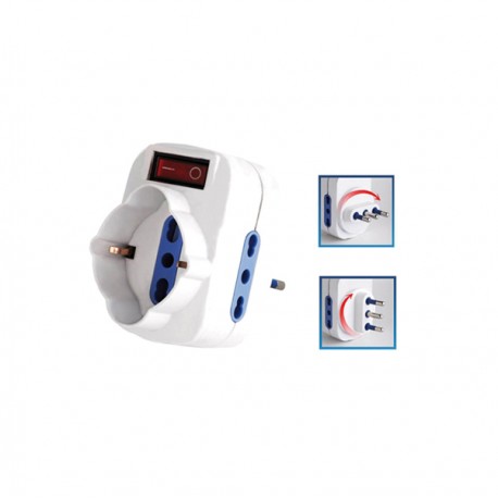 Adattatore rotante con interruttore - 2 prese bipasso 2P+T 10/16A + 1 presa Schuko - MKC
