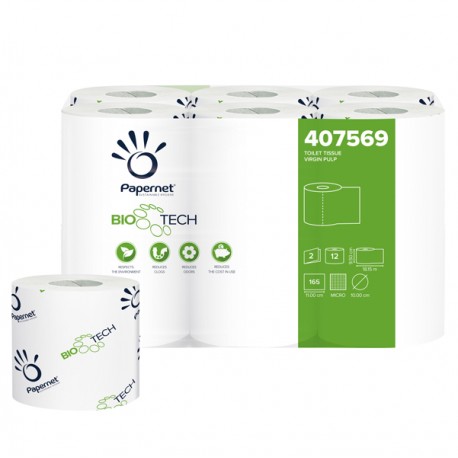 Carta igienica standard Bio Tech - 2 veli - 165 strappi - diametro 10 cm - 9,5 cm x 18,2 mt - Papernet - pacco 12 rotoli
