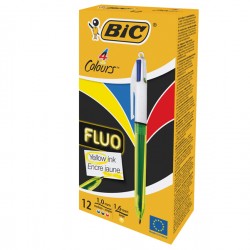 Penna a sfera a scatto multifunzione 4 Colors Fluo - punta 1,0/1,6mm - 4 colori fluo - fusto giallo fluorescente - Bic - conf. 1
