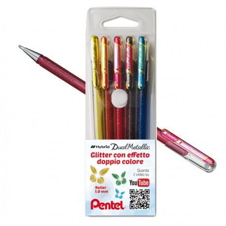 Roller gel Hybrid Dual Metallic - punta 1,0mm - 5 colori assorititi - Pentel - astuccio 5 roller