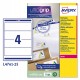 Etichette adesive L4761 - in carta - angoli arrotondati - permanenti - 192 x 61 mm - 4 et/fg - 25 fogli - bianco coprente - Aver