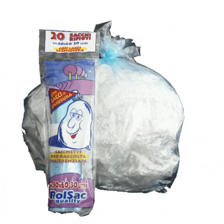 Sacchi - 50 x 60 cm - 30 L - 16 micron - azzurro trasparente - Rolsac - conf. 20 pezzi