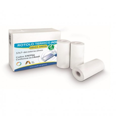 Rotolo per POS e carte di credito - carta termica BPA free - 57 mm x 7 mt - 55 g/m² - diametro esterno 25 mm - senza anima - Rot