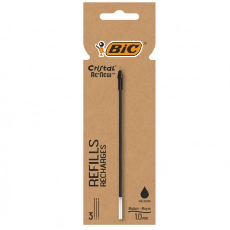 Refill sfera Cristal Re'New - punta 1 mm - nero - Bic - blister 3 pezzi