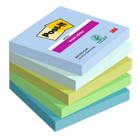 Blocco Post-it Super Sticky - 654-5SS-OAS - 76 x 76 mm - colori Oasis - 90 fogli - Post-it - conf. 5 pezzi