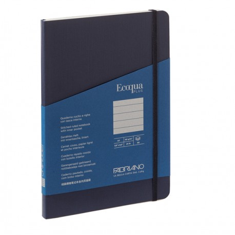 Taccuino Ecoqua Plus - con elastico - rilegatura cucita - A5 - 5 mm - 80 fogli - righe - blu scuro - Fabriano