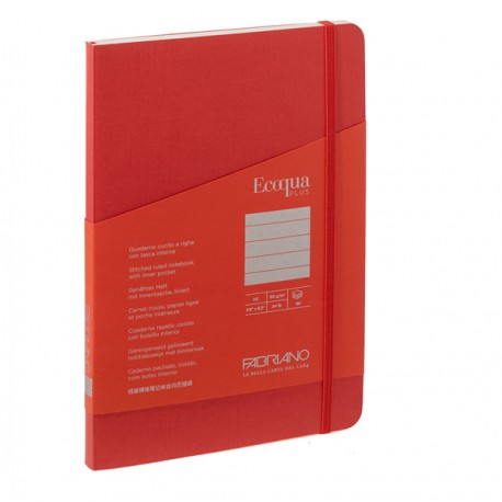 Taccuino Ecoqua Plus - con elastico - rilegatura cucita - A5 - 5 mm - 80 fogli - righe - lampone - Fabriano