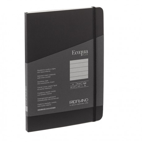 Taccuino Ecoqua Plus - con elastico - rilegatura cucita - A5 - 5 mm - 80 fogli - righe - nero - Fabriano