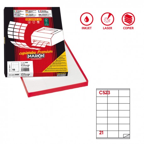 Etichette adesive C/523 - in carta - permanenti - 70 x 41 mm - 21 et/fg - 100 fogli - bianco - Markin