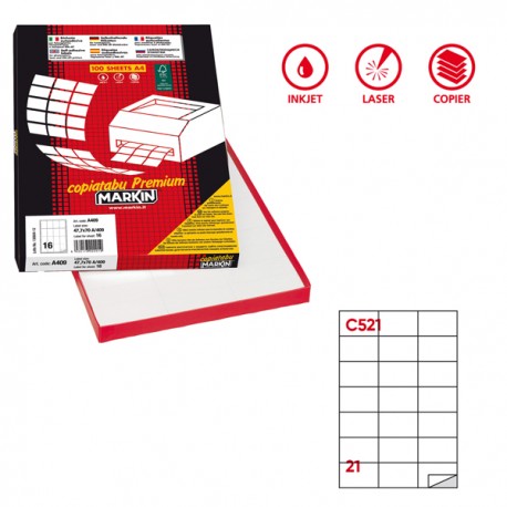 Etichette adesive C/521 - in carta - permanenti - 70 x 42,43 mm - 21 et/fg - 100 fogli - bianco - Markin