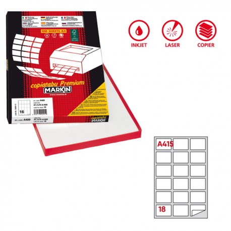 Etichette adesive A/415 - in carta - permanenti - 63,5 x 46,6 mm - 18 et/fg - 100 fogli - bianco - angoli tondi - Markin