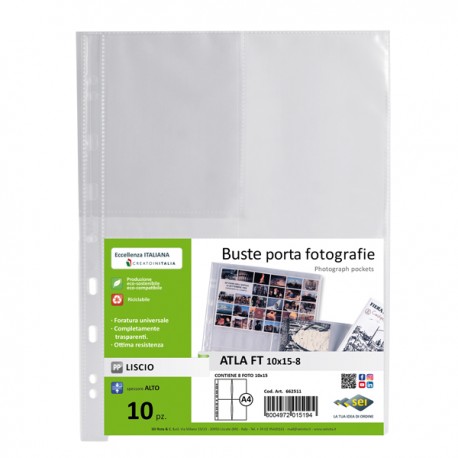 Buste forate Atla FT porta foto e cartoline - 8 spazi 10 x 15 cm - trasparente - Sei Rota - conf. 10 pezzi