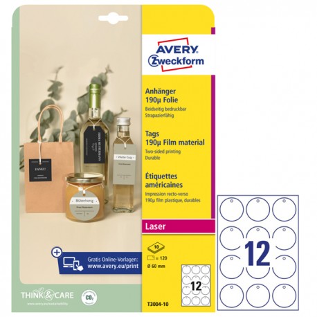 Cartellino stampabile resistente - plastica 190 µ - laser - diametro 60 mm - 12 cart/fg - 10 fogli - bianco - Avery
