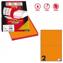 Etichette adesive C/509 - in carta - permanenti - 210 x 148,5 mm - 2 et/fg - 100 fogli - arancio fluo - Markin