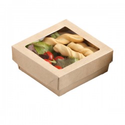 Scatola da asporto - con finestra trasparente - 18 x 18 x 5 cm - carta kraft/PE - avana - Leone - conf. 20 pezzi