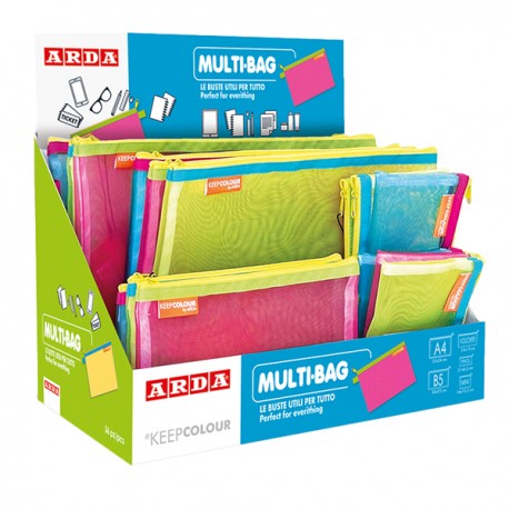 Buste con zip - 5 formati assortiti - retina - colori fluo- Arda - display 36 pezzi