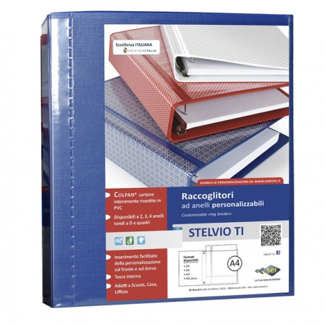Raccoglitore personalizzabile Stelvio TI - 22 x 30 cm - 4 anelli a D 25 mm - dorso 4 cm - blu - Sei Rota