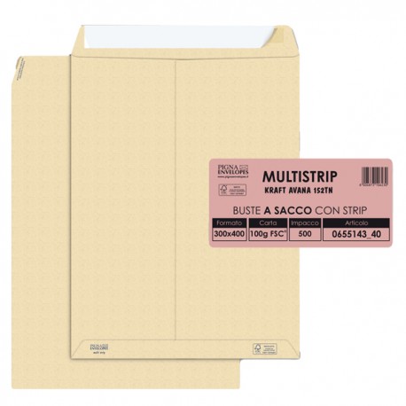 Busta a sacco Multi Strip - strip adesivo - 30 x 40 cm - 100 gr - carta riciclata FSC - avana - Pigna Envelopes - conf. 500 pezz