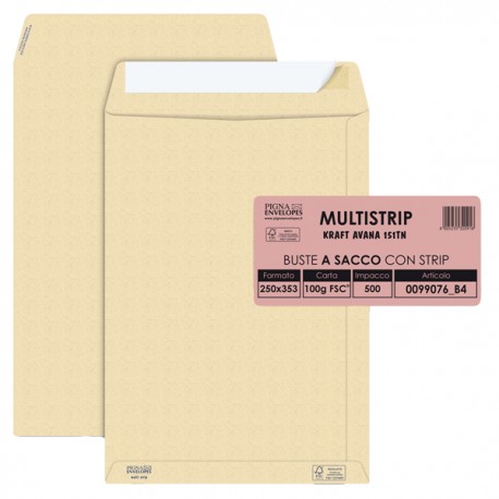 Busta a sacco Multi Strip - strip adesivo - 25 x 35,3 cm - 100 gr - carta riciclata FSC - avana - Pigna Envelopes - conf. 500 pe
