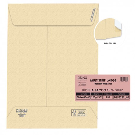 Busta a sacco Multi Strip Large - soffietti laterali - strip adesivo - 30 x 40 x 4 cm - 120 gr - carta riciclata FSC - avana - P