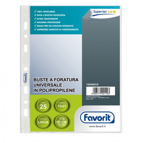 Buste forate Special PP - Superior - liscio - 15 x 21 cm - trasparente - Favorit - conf. 25 pezzi