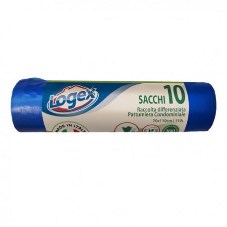 Sacchi per immondizia - 70x110 cm - 120 L - 16 micron - blu - Logex Professional - rotolo da 10 sacchetti