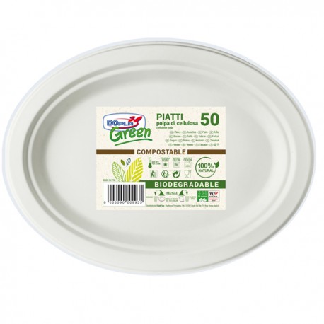 Piatto piano monouso - ovale - 26 x 19,5 cm - cellulosa - bianco - Dopla Green - conf. 50 pezzi