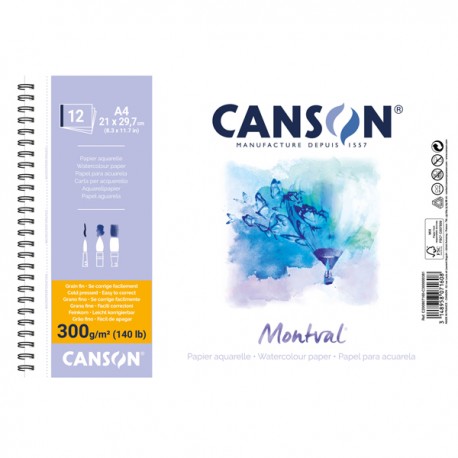 Album spiralato lato corto Montval - A4 - 300 gr - 12 fogli microperforati - Canson