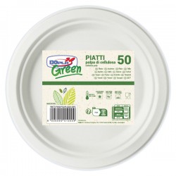 Piatto piano monouso - rotondo - diametro 22 cm - cellulosa - bianco - Dopla Green - conf. 50 pezzi