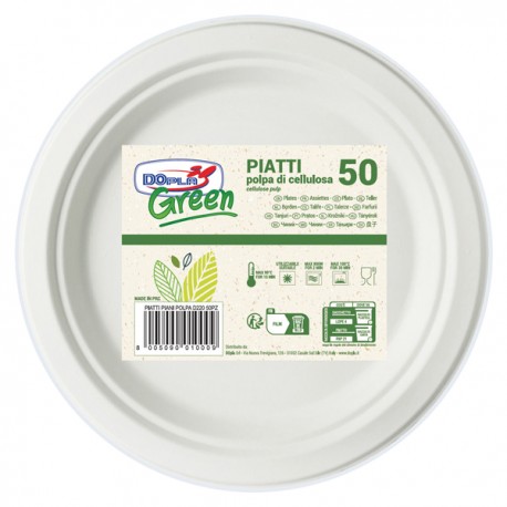 Piatto piano monouso - rotondo - diametro 22 cm - cellulosa - bianco - Dopla Green - conf. 50 pezzi