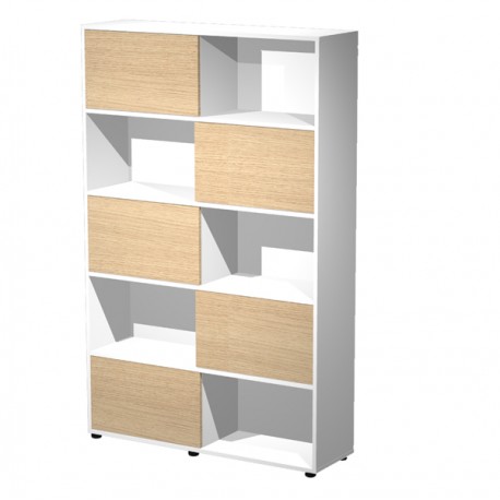 Libreria alta Tetris - 5 ripiani - ante scorrevoli - 120 x 35 x191 cm - rovere/bianco